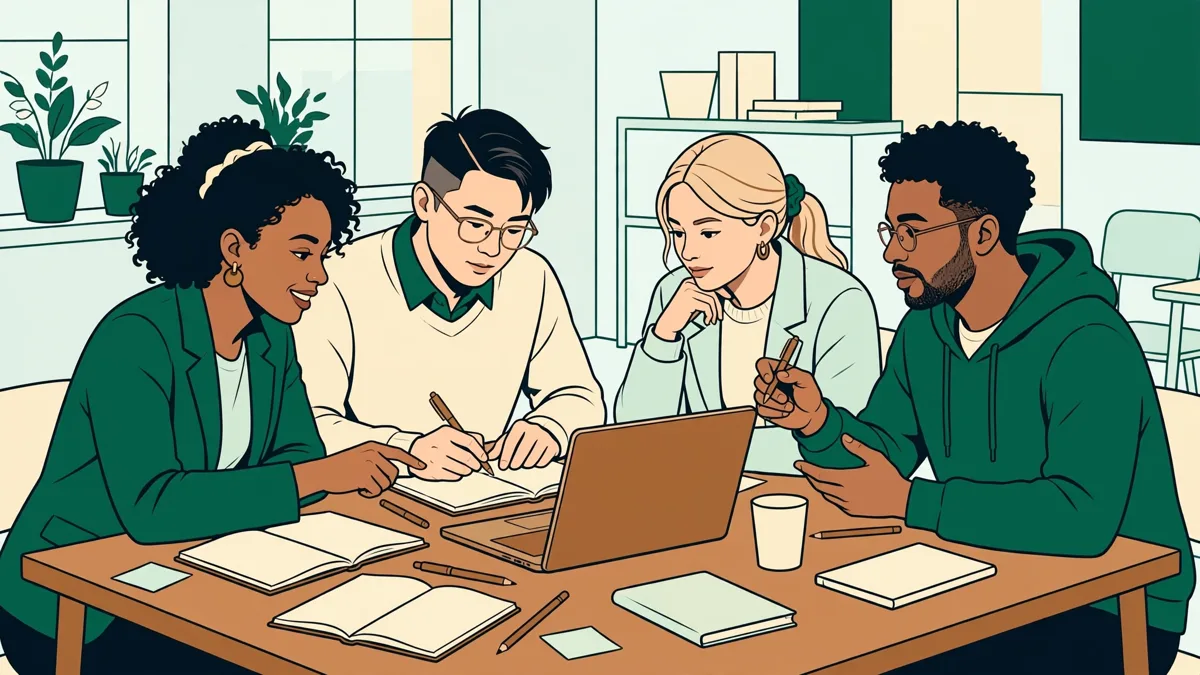 Quatre étudiants de nationalités différentes autour d'une table qui préparent une présentation en anglais, avec ordinateur et carnets.
