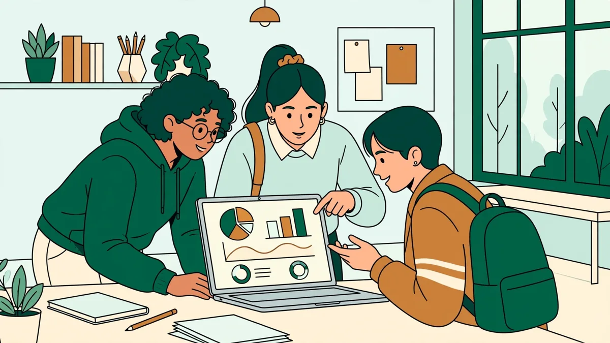 Trois étudiants devant un ordinateur portable analysant ensemble un tableau de bord RH coloré