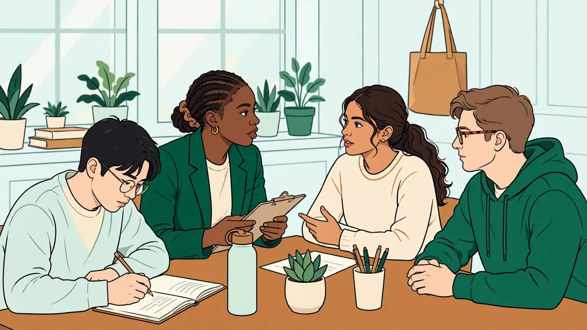 Quatre étudiants autour d'une table rejouant un entretien d'embauche, l'un interroge, l'autre prend des notes
