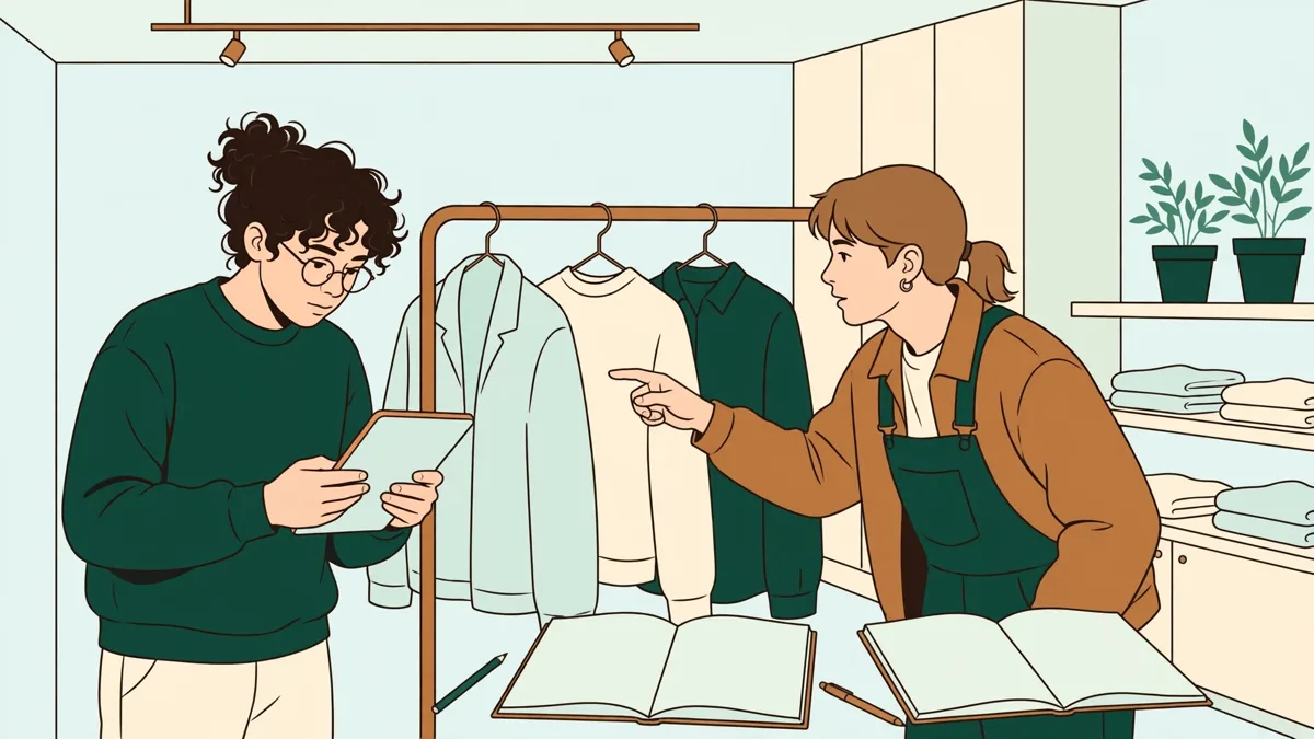 Deux étudiantes dans une boutique lumineuse analysant un portant de vêtements, l'une avec une tablette, carnets ouverts