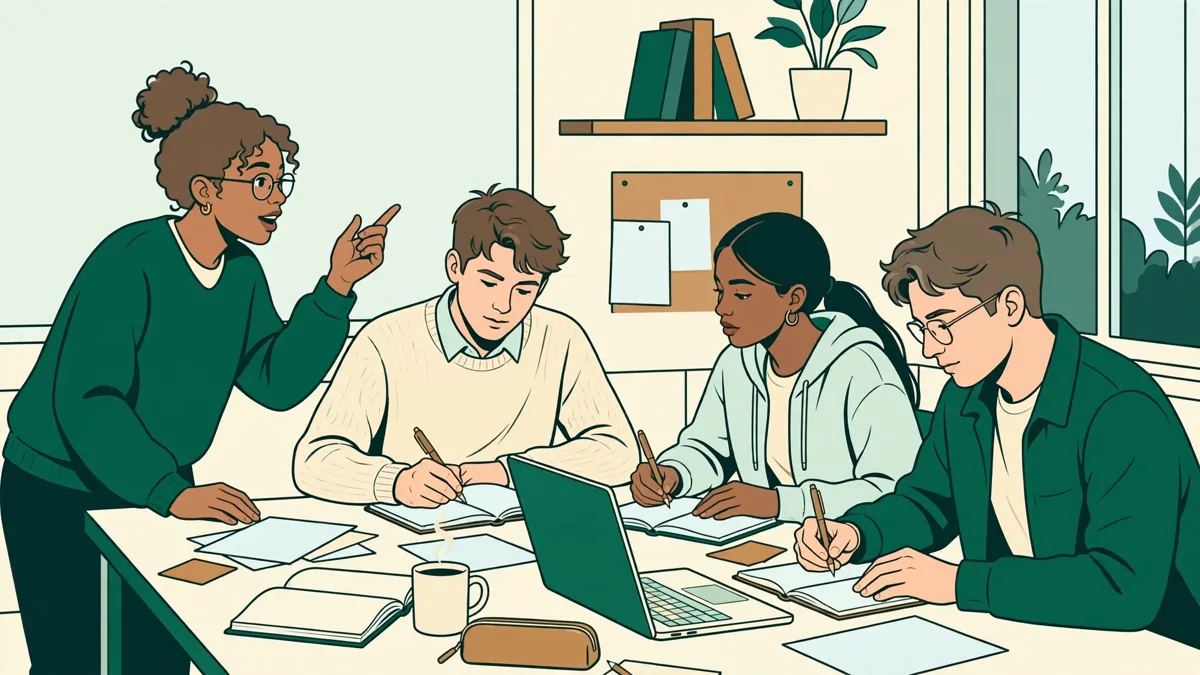 Quatre étudiants autour d'une table qui préparent un cas d'entreprise, une étudiante présente un schéma pendant que les autres prennent des notes.