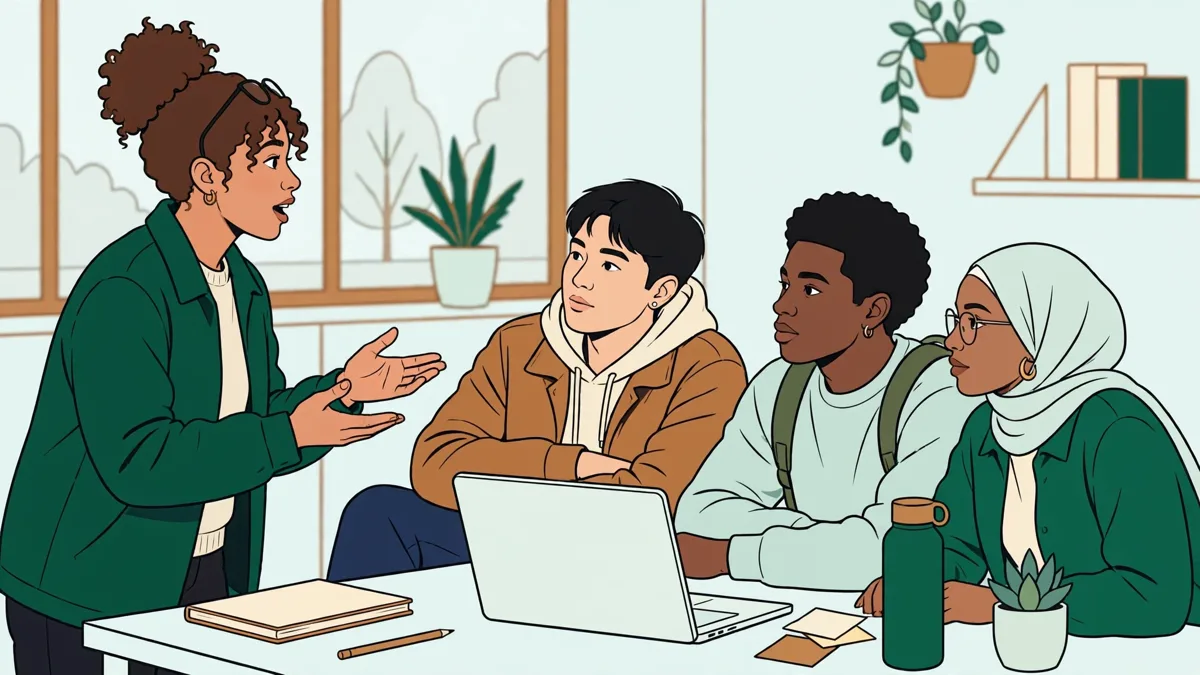 Petit groupe d'étudiants en école de commerce qui prépare un pitch en anglais autour d'un ordinateur portable, avec maquettes d'application posées sur la table.