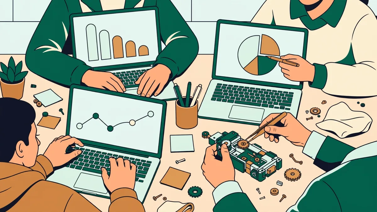 Quatre étudiants autour d'une table qui analysent des graphiques et construisent une maquette produit sur ordinateurs portables, en salle de projet.