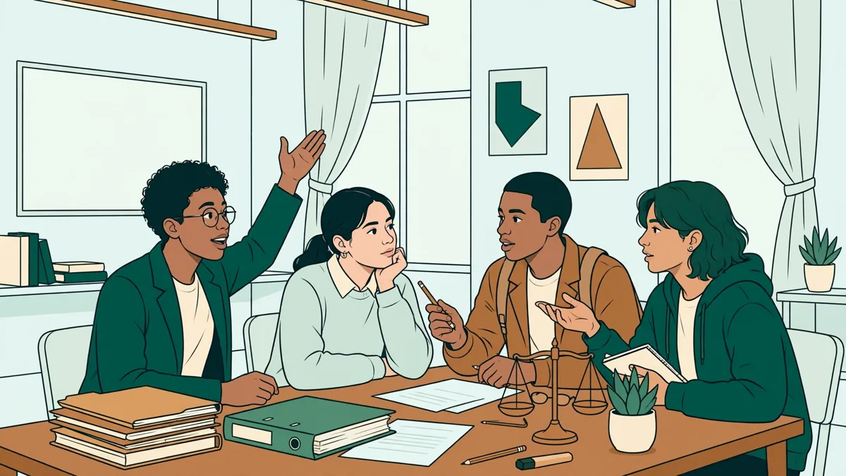 Des étudiants en petits groupes autour d'une table analysent ensemble un cas mêlant contrat juridique et tableau financier