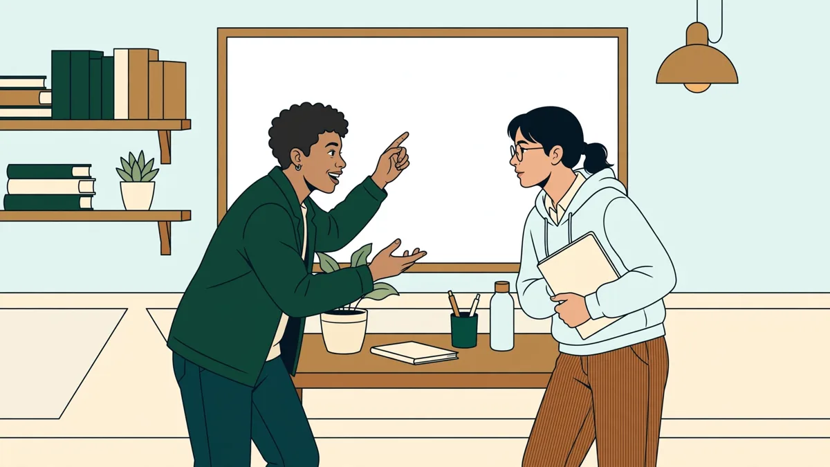 Deux étudiantes préparent une présentation en anglais devant un tableau avec un plan financier et des articles de loi