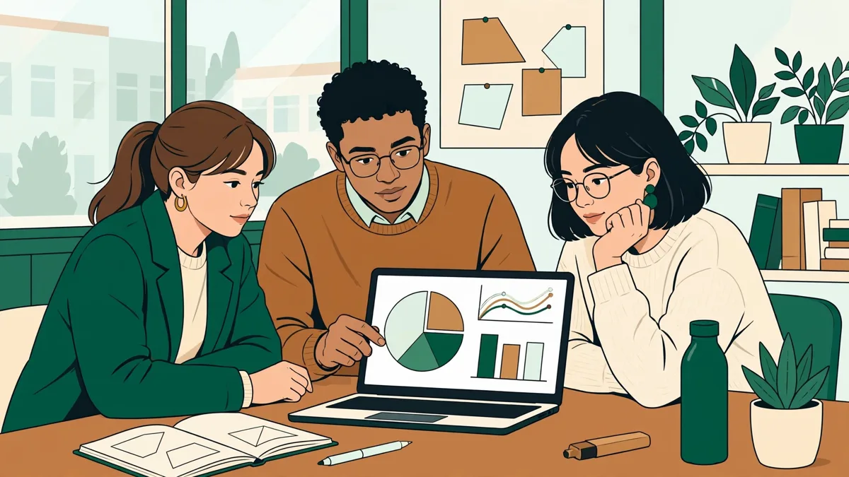 Trois étudiants autour d'une table qui analysent ensemble des graphiques sur un ordinateur portable