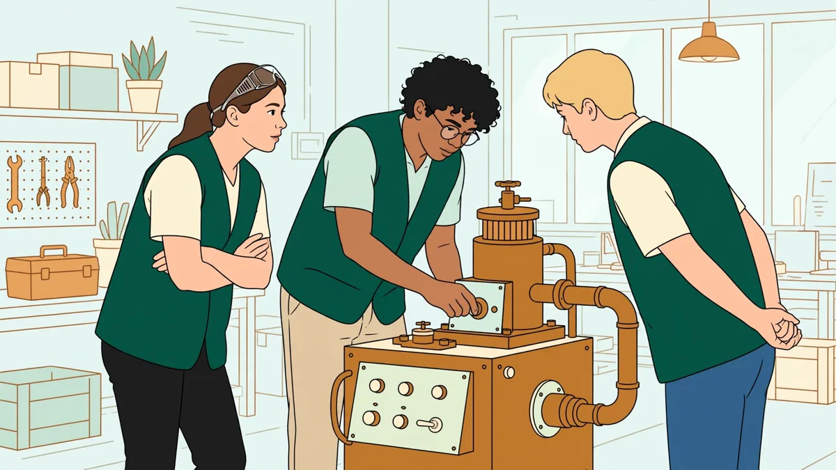 Trois étudiants en atelier autour d'une machine industrielle, l'un règle un paramètre pendant que les autres observent
