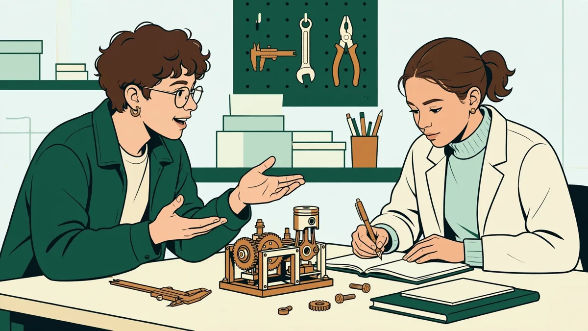 Deux étudiants en pleine simulation de négociation autour d'un prototype industriel posé sur une table d'atelier
