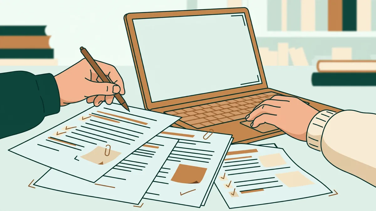 Deux étudiantes qui comparent côte à côte deux versions d'un même contrat sur un ordinateur portable et des pages annotées.