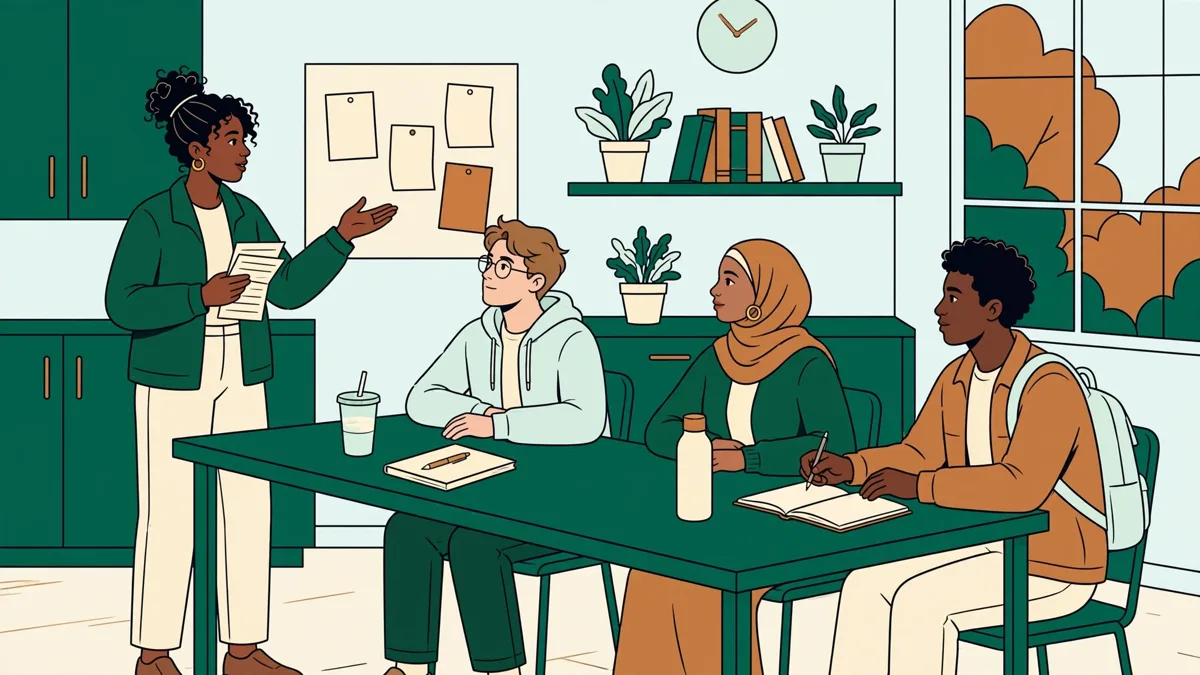Quatre étudiants autour d'une table en simulation de négociation internationale, l'une plaidant debout avec des notes