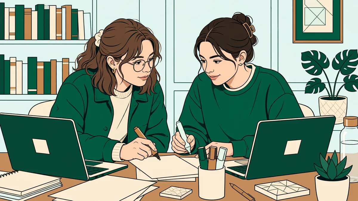 Deux étudiantes penchées sur un contrat juridique, surlignant un passage et comparant deux versions sur leurs écrans