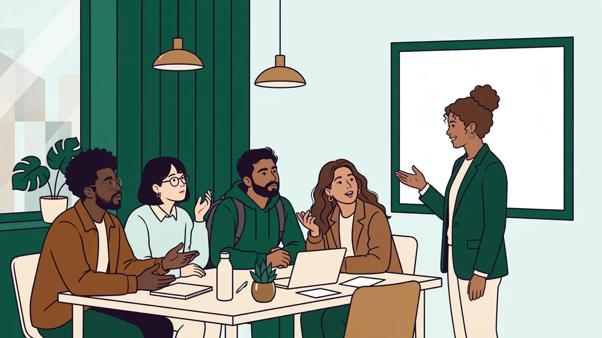 Des étudiants en école de commerce débattent en anglais autour d'une table, l'une présente au tableau blanc