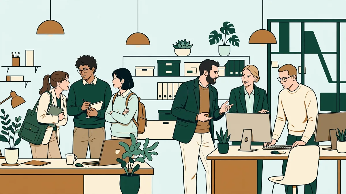 Un groupe d'étudiants en école de commerce visite une entreprise tech et échange avec des professionnels