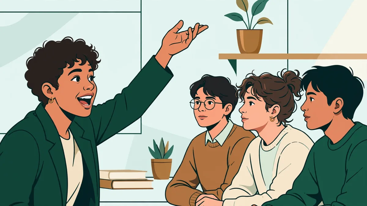 Étudiante en école de commerce qui présente un projet devant ses camarades dans une salle de cours moderne, gestes dynamiques et auditoire attentif.