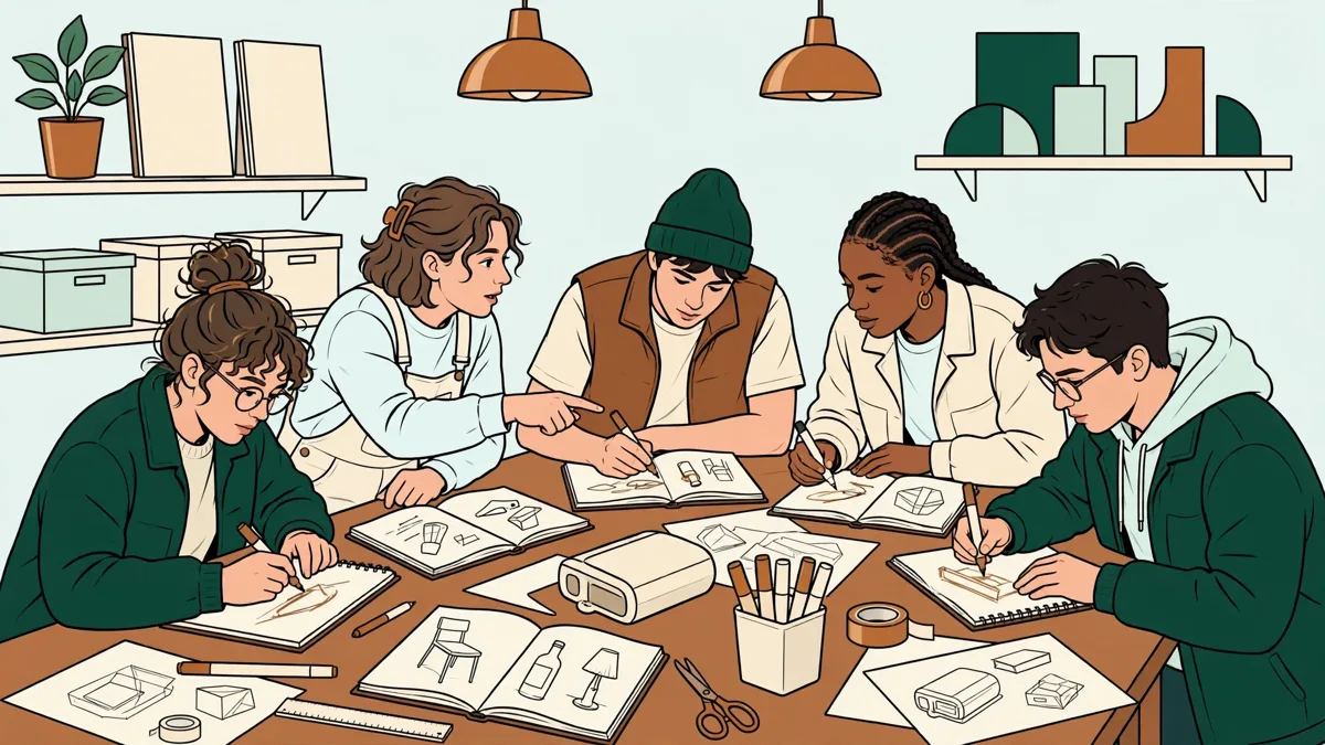 Étudiants en design autour d'une grande table d'atelier, en train de dessiner des croquis de produit au feutre.