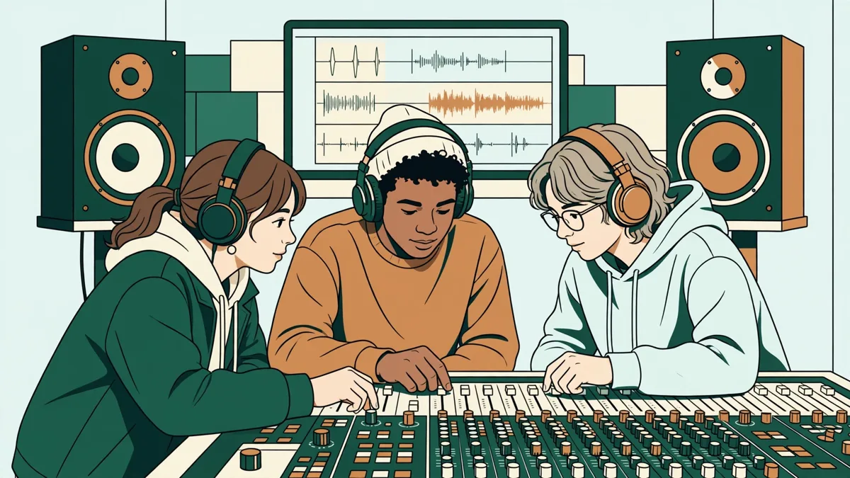 Trois étudiants autour d'une console de mixage en studio, casques sur les oreilles, devant des enceintes et un écran de montage.