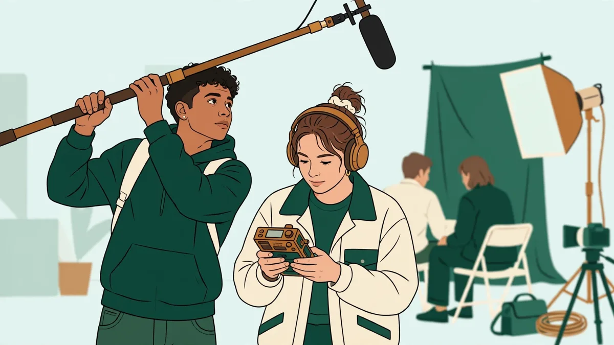 Deux étudiants en prise de son sur un tournage : l'un tient la perche au-dessus d'acteurs, l'autre surveille les niveaux sur un enregistreur.