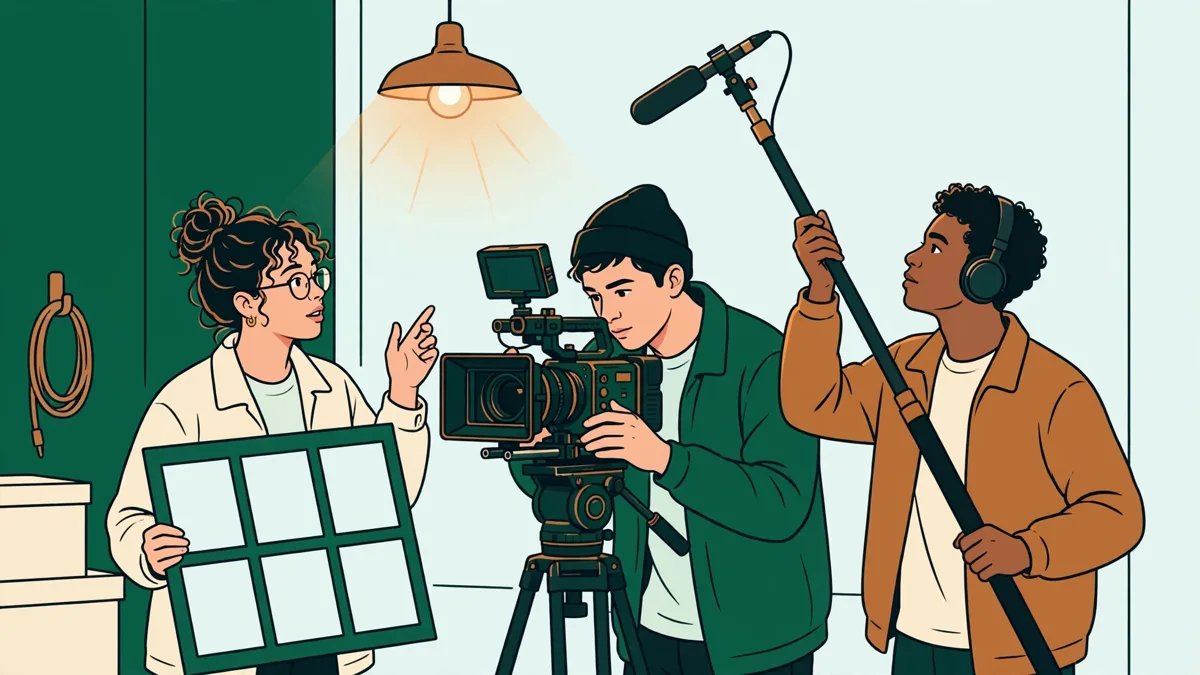 Des étudiants en cinéma en plein tournage : l'un cadre avec une caméra professionnelle sur trépied, un autre tient la perche son, une troisième dirige avec un story-board.
