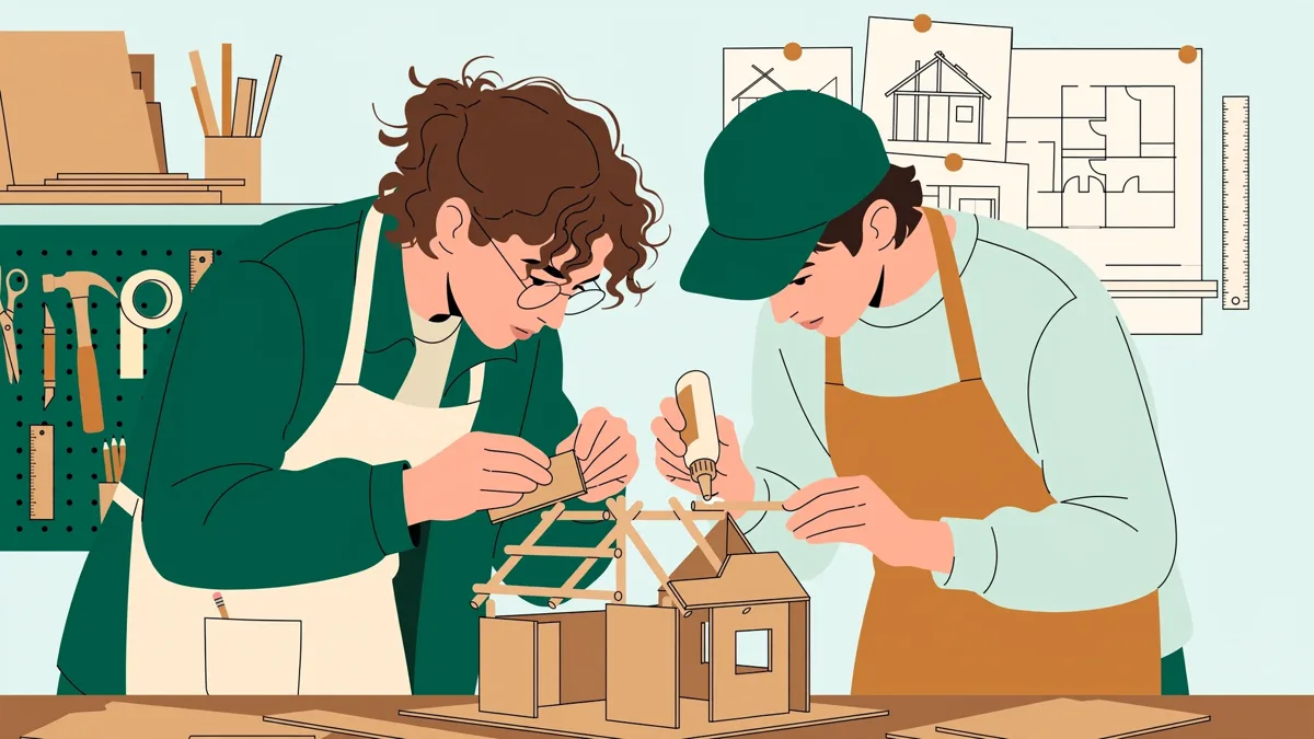 Deux étudiantes en tablier assemblant une maquette en carton et bois dans un atelier lumineux avec outils et plans.