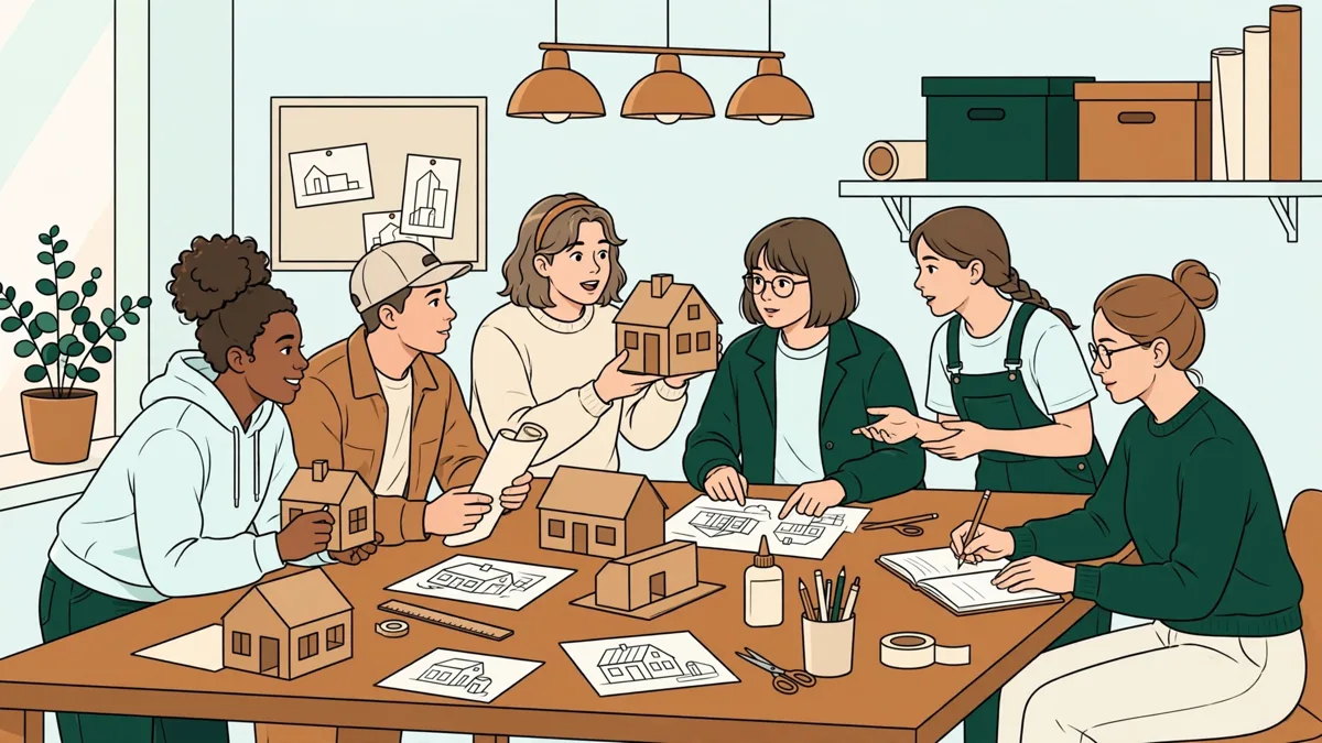 Cinq étudiants en design autour d'une grande table d'atelier présentant des maquettes et des planches à une enseignante qui annote un carnet.