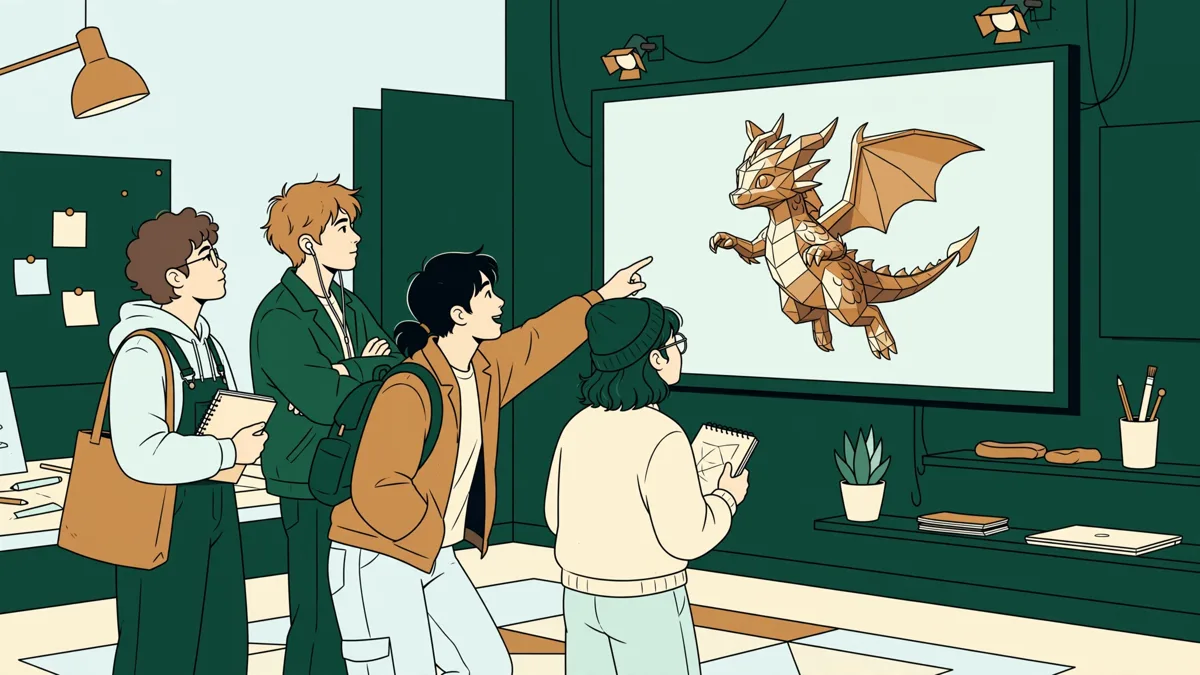 Quatre étudiants d'animation réunis devant un grand écran, en train de discuter d'un plan de film 3D affiché à l'image.