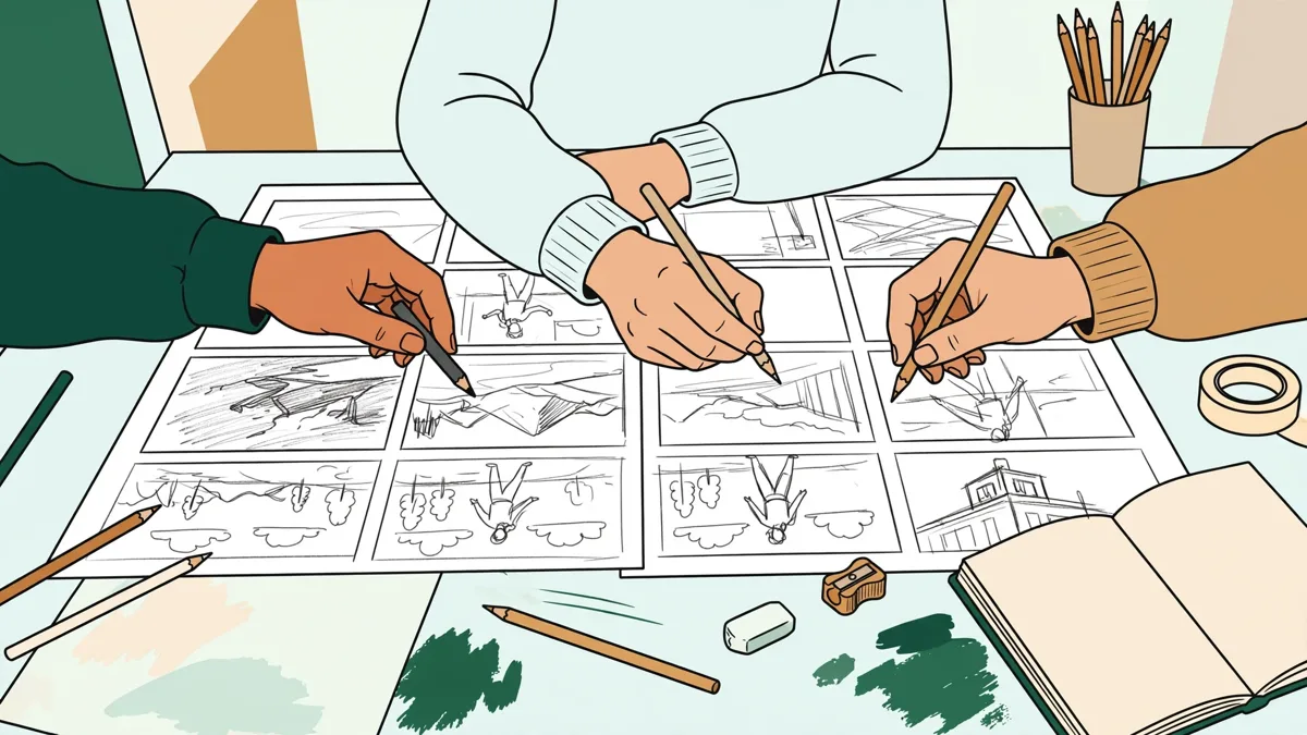 Trois étudiants en école d'animation penchés sur une grande table, en train de dessiner ensemble un storyboard de film d'animation.