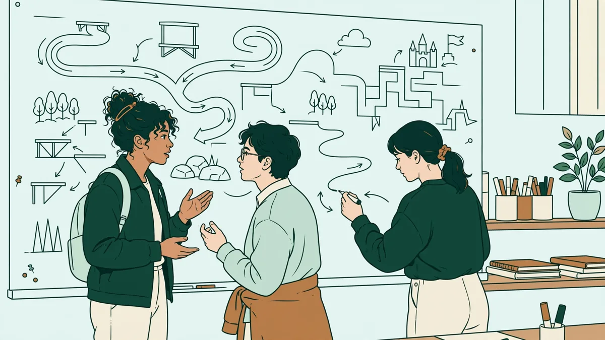 Illustration dessinée : trois étudiants devant un grand tableau blanc couvert de schémas de niveau, l'un dessine un parcours avec des flèches pendant que les autres discutent.