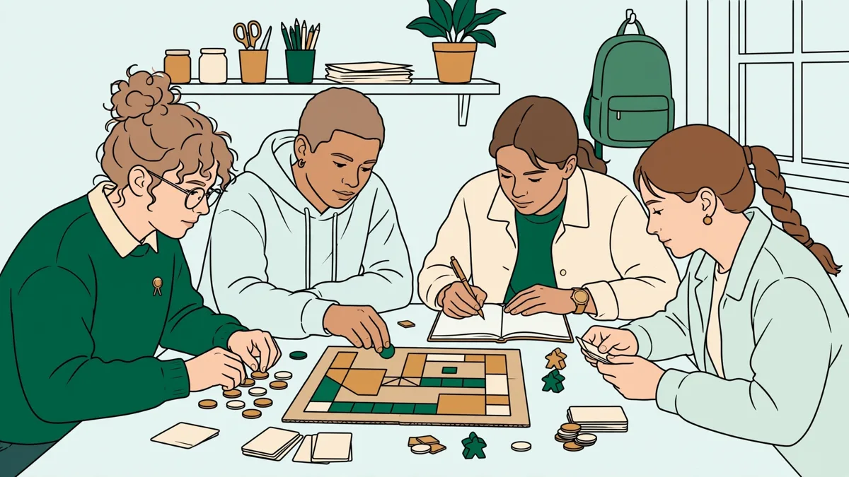 Illustration dessinée : quatre étudiants autour d'une table testent un prototype de jeu de plateau avec cartes et pions, l'un prend des notes pendant qu'un autre déplace un pion.