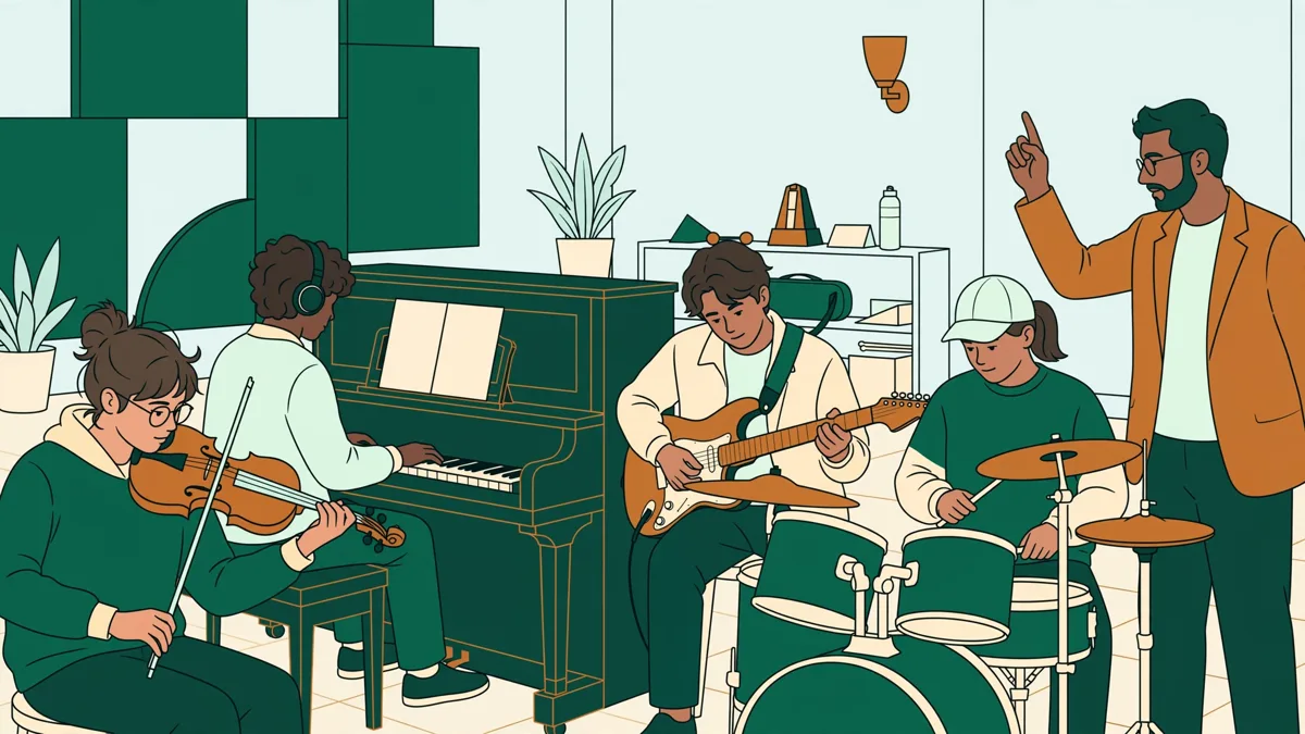 Petit groupe d'étudiants en répétition, guitare, piano, batterie et violon, autour d'un chef d'ensemble qui donne le départ.