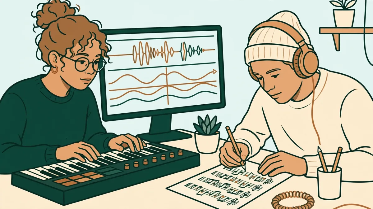 Deux étudiants en studio, l'un au clavier MIDI devant l'ordinateur, l'autre au casque qui annote une partition.