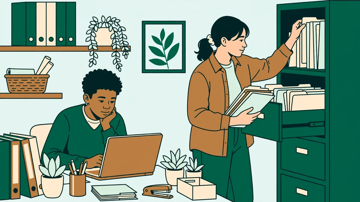 Illustration dessinée : deux apprentis en action dans un bureau de PME, l'un vérifie une facture sur ordinateur portable pendant que l'autre classe des dossiers.