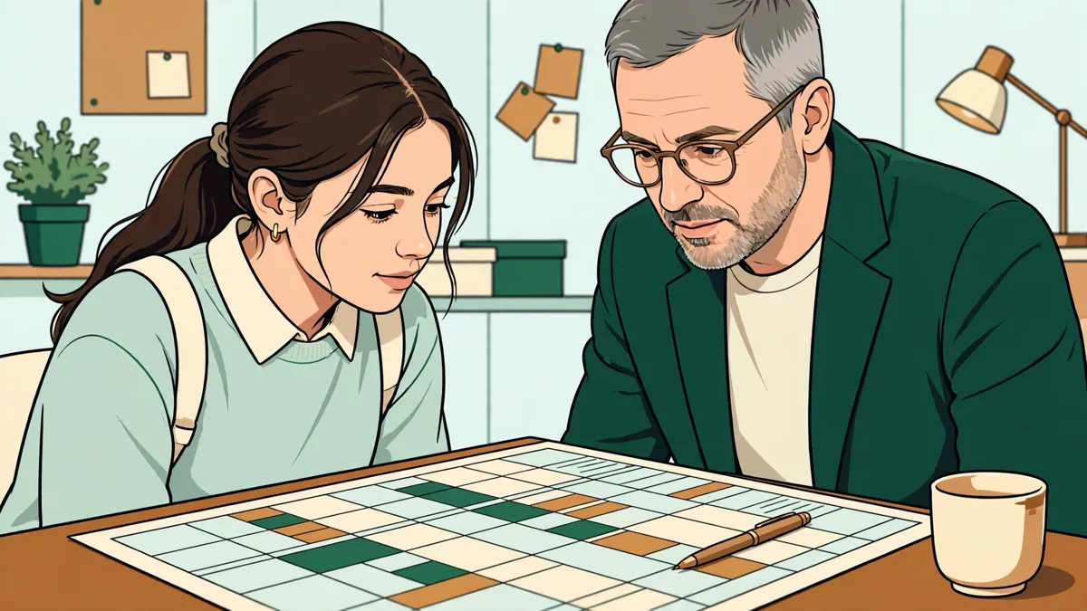 Illustration dessinée : une apprentie en entretien avec sa tutrice en entreprise, toutes deux penchées sur un planning posé sur une table.