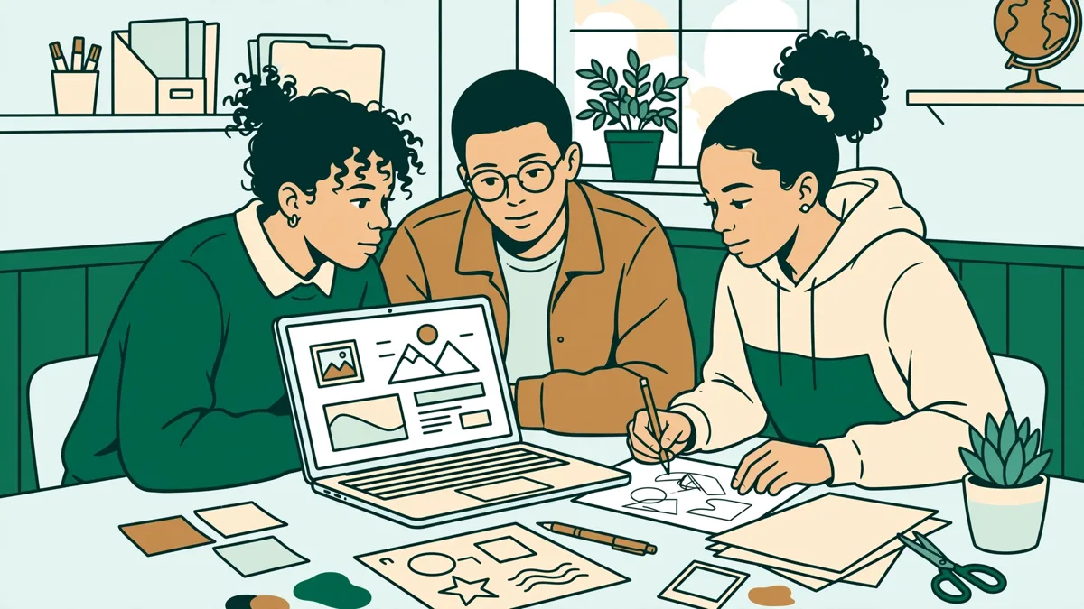 Trois étudiants autour d'un écran qui préparent ensemble un contenu web et des visuels pour les réseaux sociaux.