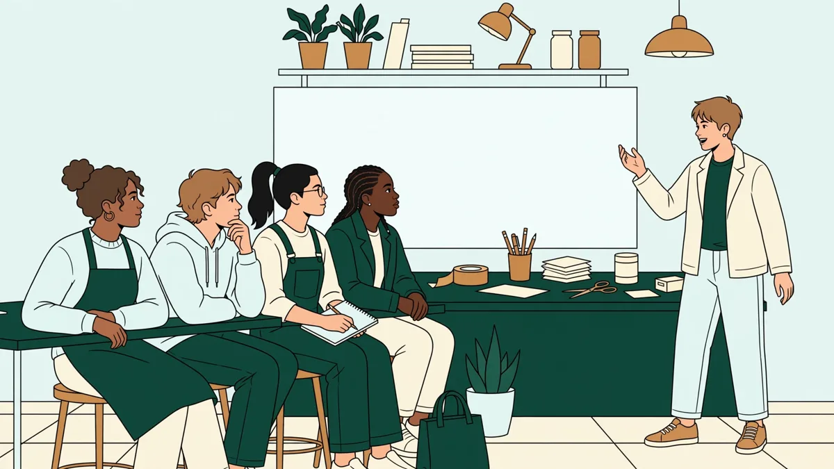 Petit groupe d'apprentis en atelier qui s'entraînent à un argumentaire de vente devant un tableau blanc, l'un parle, les autres écoutent.