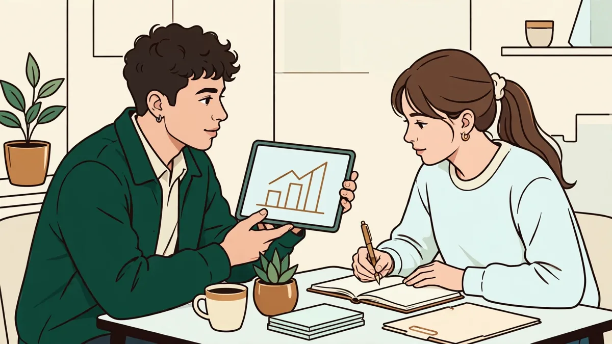 Deux jeunes apprentis commerciaux qui rejouent un rendez-vous client autour d'une petite table de bureau, l'un montre une tablette, l'autre prend des notes.