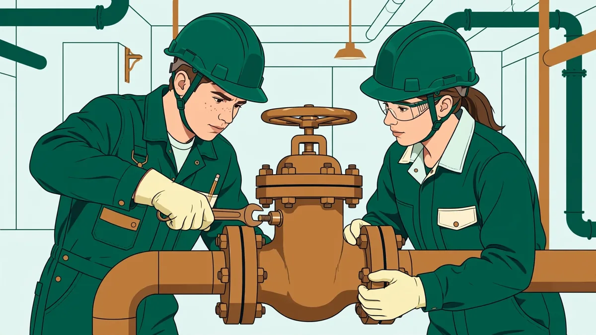 Deux apprentis en casques et tenues de travail qui interviennent ensemble sur une vanne industrielle, l'un tenant une clé, l'autre vérifiant une fiche d'intervention