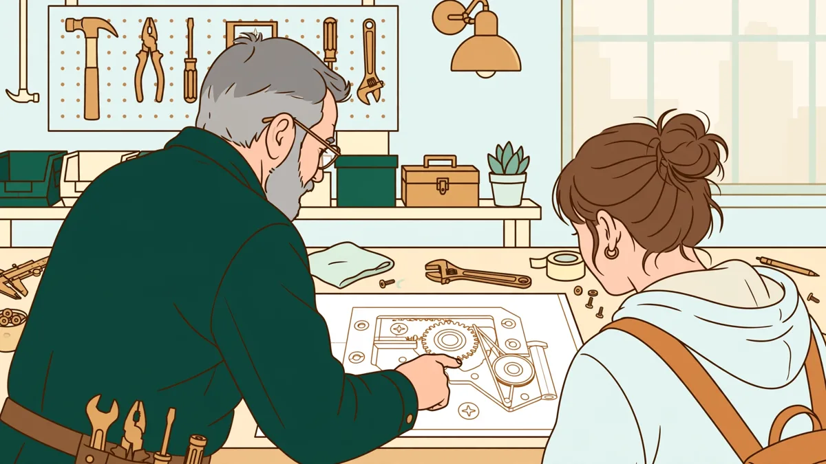 Un apprenti et son tuteur penchés ensemble sur un plan technique posé sur un établi, dans un atelier lumineux avec des outils en arrière-plan