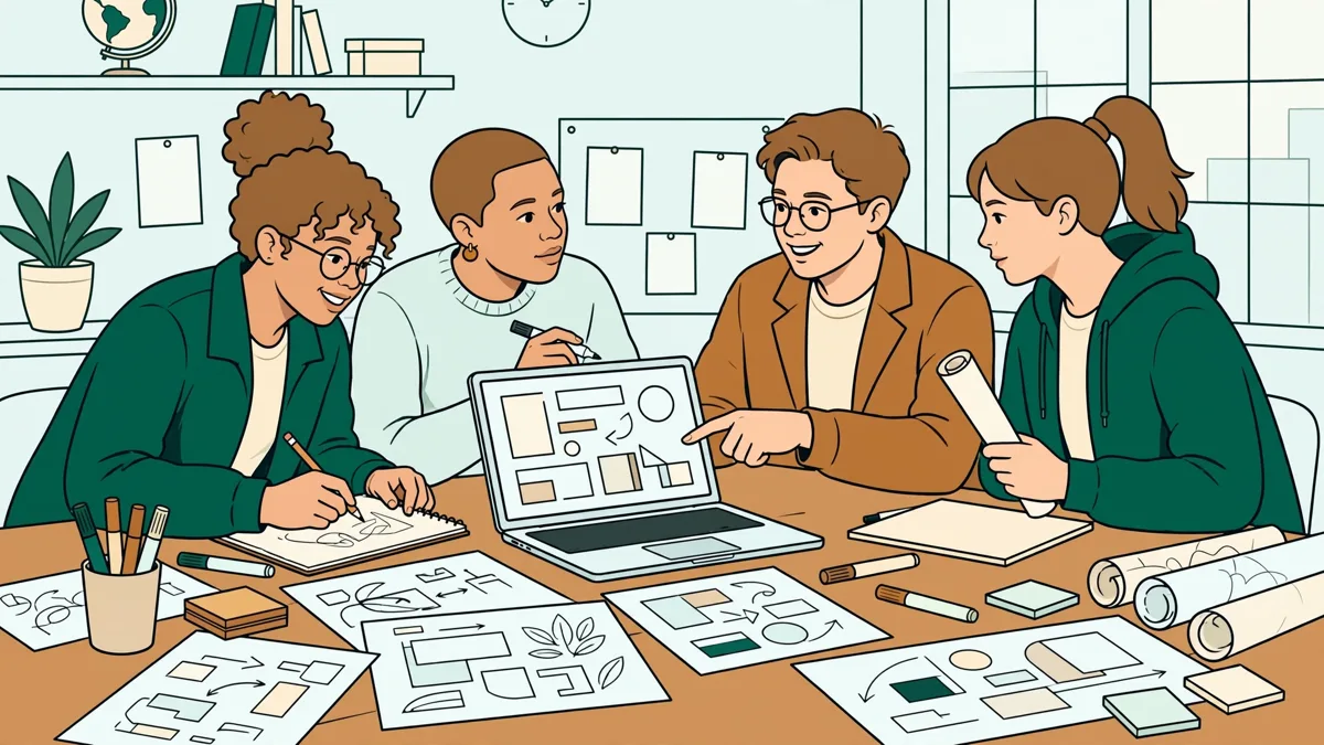 Quatre étudiants autour d'une table qui préparent une campagne : l'une montre une maquette sur un ordinateur portable, un autre note des idées, affiches et visuels posés devant eux.