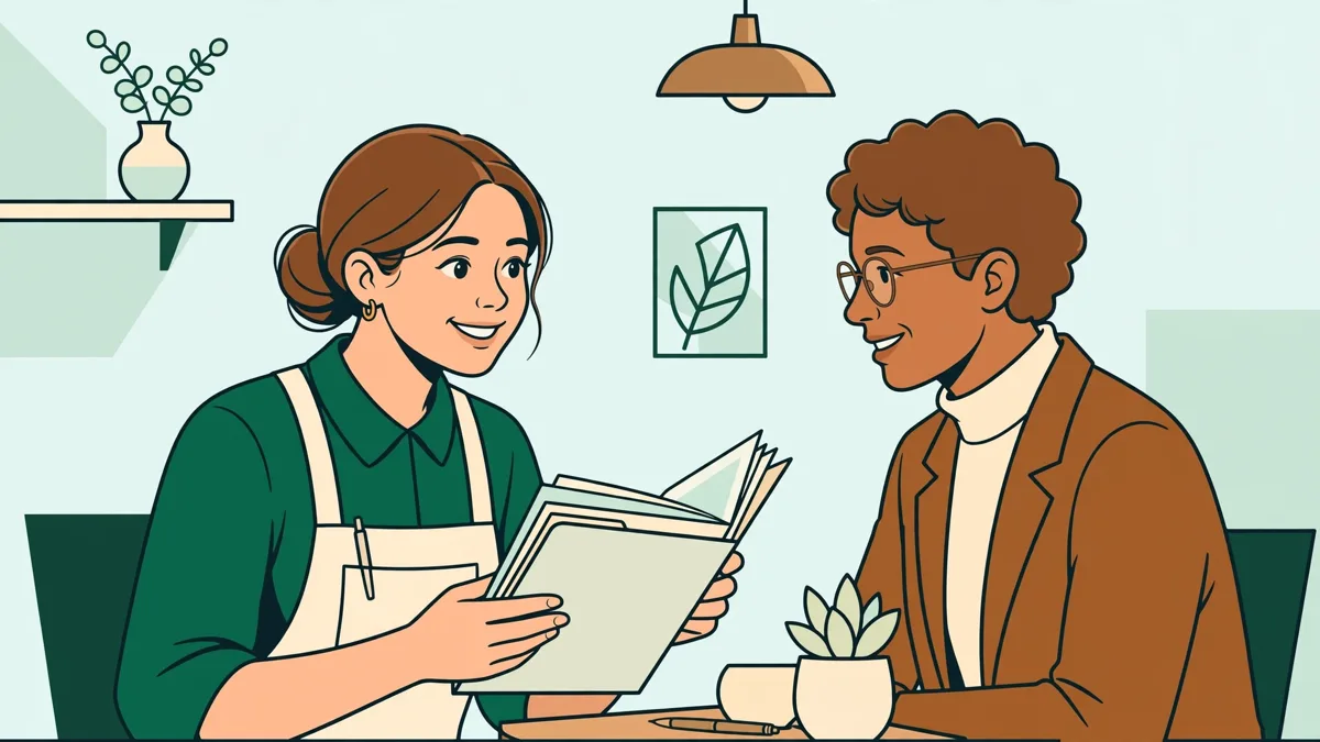 Une apprentie souriante accueille une cliente autour d'une table et lui présente un dossier, carnet ouvert à côté d'elle.