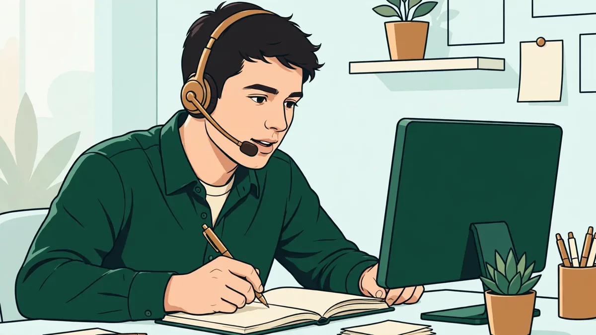 Un apprenti au téléphone avec un casque dans un bureau, prenant des notes devant un écran de suivi client.