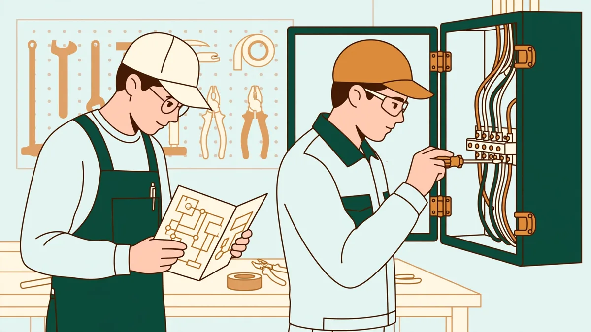 Une apprentie et un apprenti câblant une armoire électrique basse tension dans un atelier, l'un tenant un schéma pendant que l'autre serre une connexion