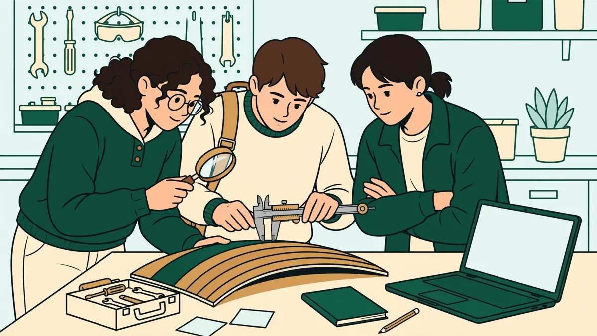 Petite équipe d'étudiants contrôlant une pièce composite sur un établi, avec un pied à coulisse et un ordinateur portable