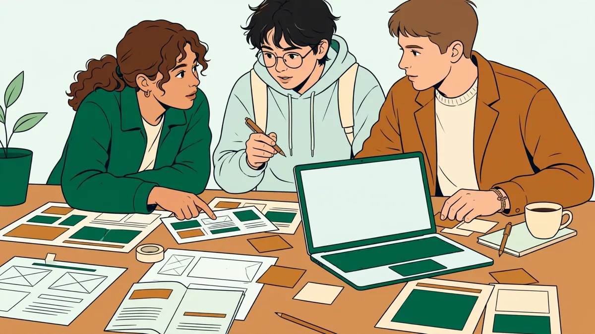 Trois apprentis autour d'une grande table qui préparent une campagne, avec planning, maquettes et ordinateur portable