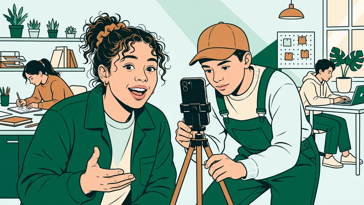 Deux apprentis qui filment une courte vidéo pour les réseaux sociaux avec un smartphone sur trépied