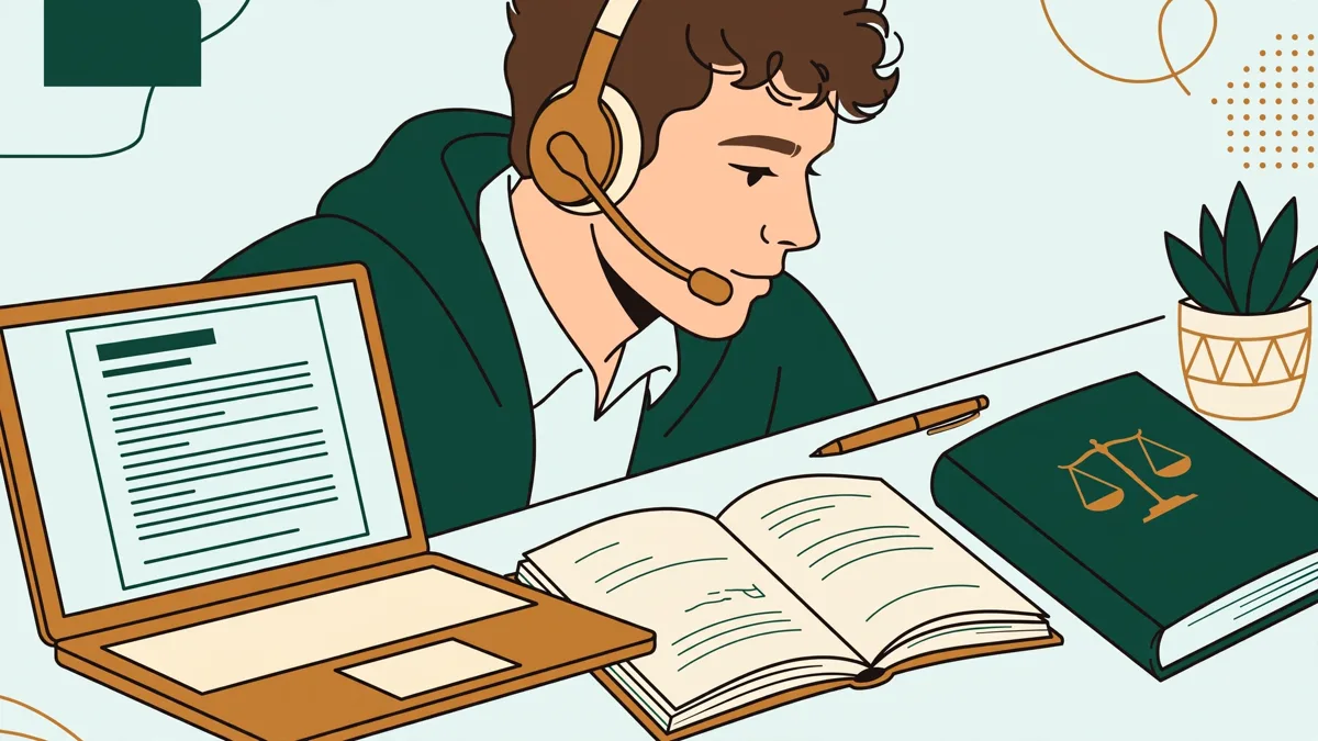 Un apprenti au casque devant son ordinateur portable relit un acte juridique, carnet et code juridique ouverts à côté de lui dans sa chambre-bureau