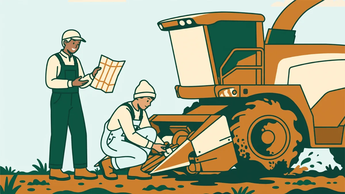 Apprentis en cirés autour d'une ensileuse à l'arrêt en bord de champ, l'un montrant le plan du chantier pendant qu'un autre vérifie le bec de récolte.