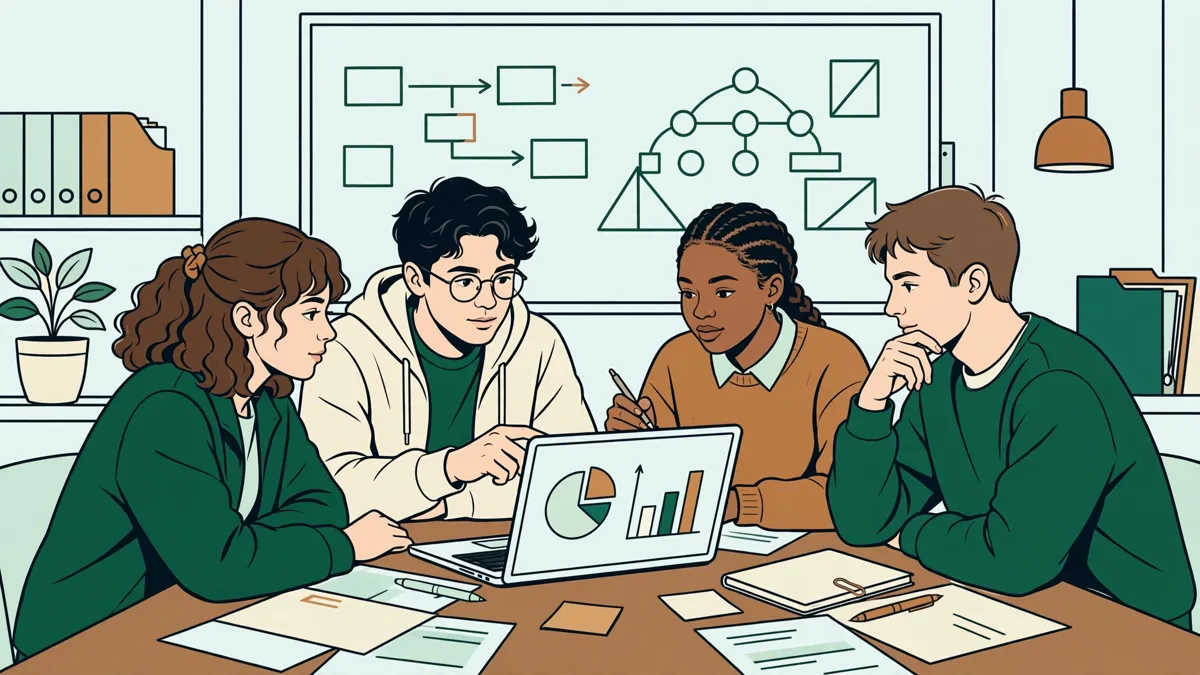 Quatre apprentis autour d'une table qui préparent une présentation sur un ordinateur portable, avec des documents et un tableau blanc derrière eux.