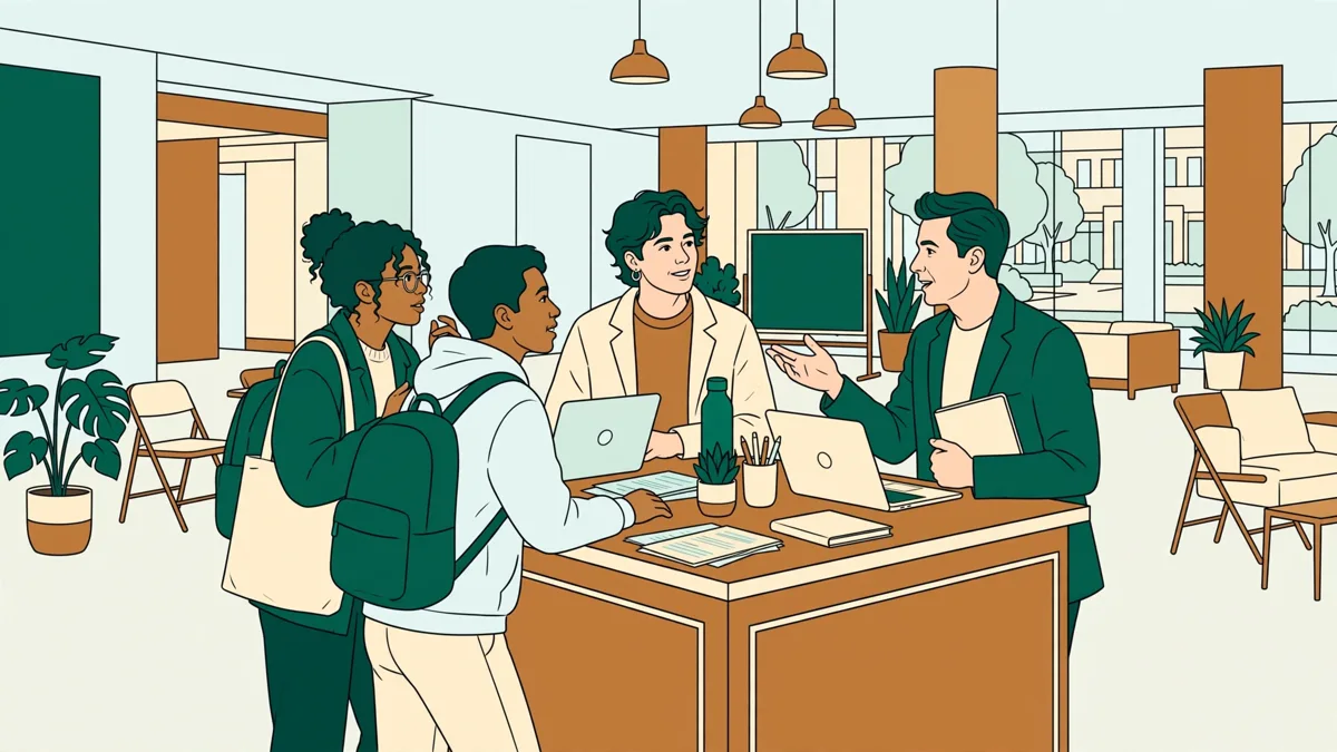 Petit groupe d'étudiants échangeant avec un recruteur d'entreprise autour d'une table haute sur le campus, CV et ordinateurs posés devant eux.