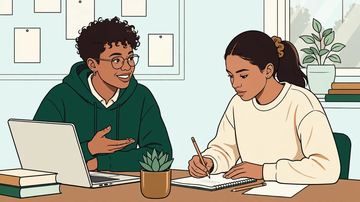 Deux étudiants en jeu de rôle commercial dans une salle de cours lumineuse, l'un présentant une offre sur un ordinateur portable pendant que l'autre prend des notes.