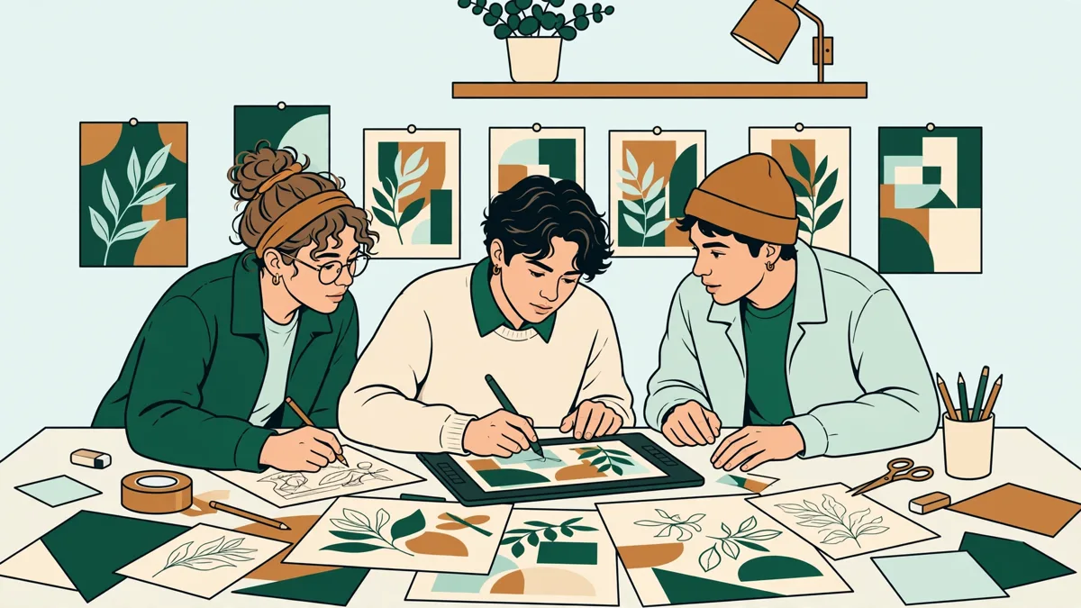 Trois étudiants en atelier autour d’une grande table couverte d’affiches et de croquis, l’une retouche une maquette sur tablette graphique pendant qu’un autre punaise des essais au mur.